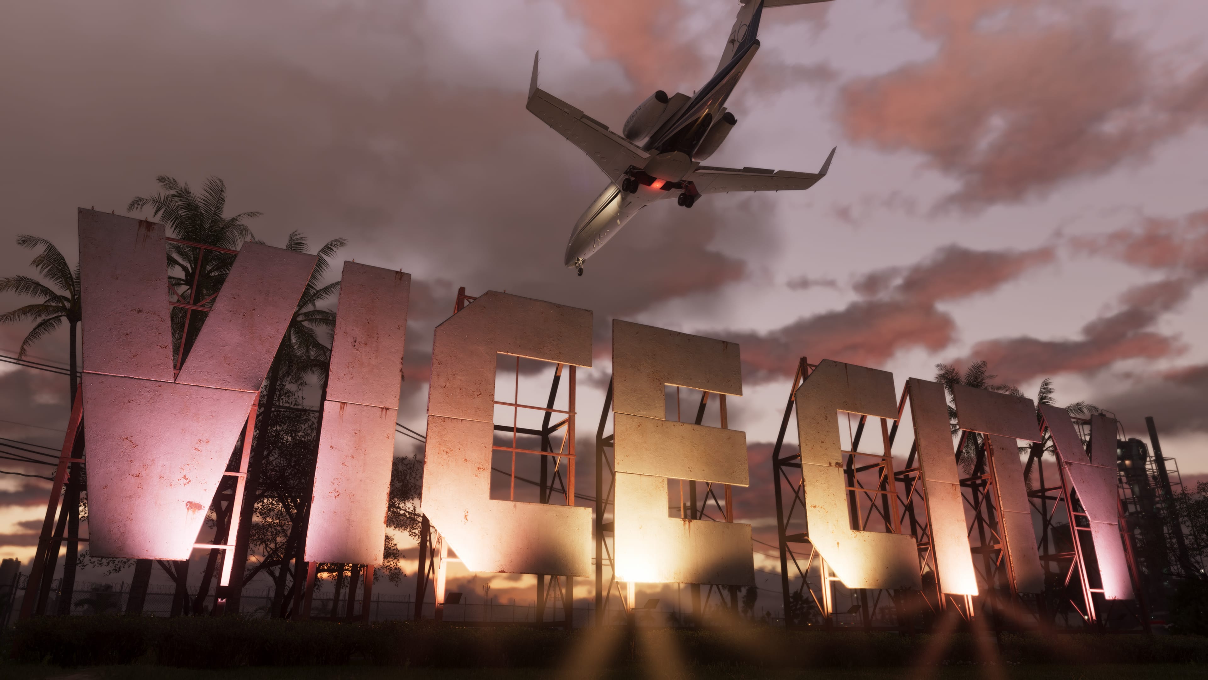 GTA 6 Vice City skyline at sunset - official Rockstar Games screenshot